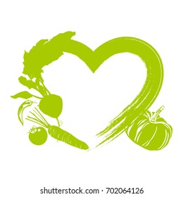 Vector illustration of green hand drawn heart with different silhouette vegetables. Element for design.