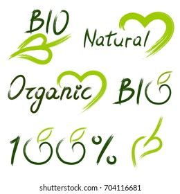 Vector illustration of green hand drawn lettering with leave heart and apple on white background. Element for design. Bio natural organic 100 percent. 