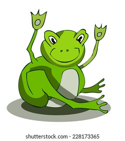 Vector Illustration of a Green Happy Cute Smiling Frog, sitting and waving toward the viewer, isolated on a White Background.