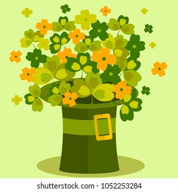 vector illustration of a green hat and bouquets of clover in it on a green background for the day of St. Patrick
