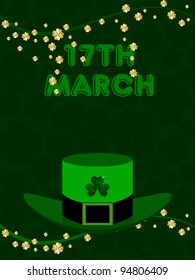 Vector illustration of a green hat with the branches of shamrock's leaf with text 17 March for St. Patrick's Day.