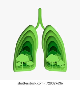 Vector illustration of green healthy lungs with trees in paper art style.