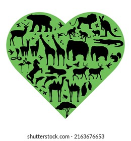 vector illustration of green heart with animals silhouettes inside