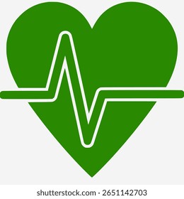 A vector illustration of a green heart with an electrocardiogram (ECG) line running through it, symbolizing heart health, vitality, or medical care.