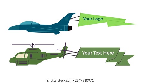 Vector illustration of a green helicopter flying with a blank banner or ribbon trailing behind it ready for custom text or logos, often used for aerial advertising