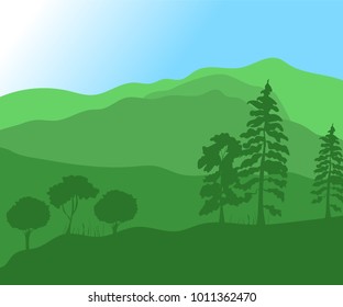 Vector illustration. Green hills, summer landscape.