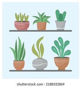Vector illustration green home plans in pot on shelf set 