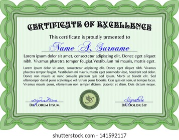 Vector illustration or green horizontal certificate, diploma or coupon template. Very complex border design. With background and sample text.