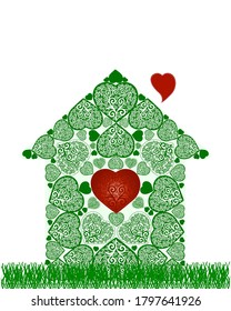 Vector illustration of a  green house and heart symbol inside.