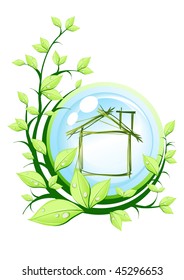 Vector illustration of green house into blue ball with plant