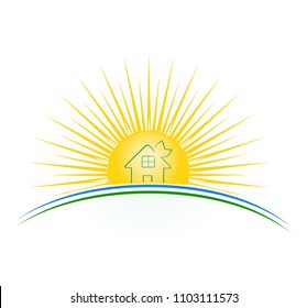 vector illustration of a green house at sunset
