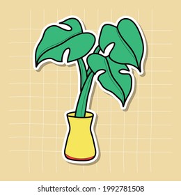 Vector illustration of a green houseplant monstera in a yellow pot, can be used for prints or stickers.