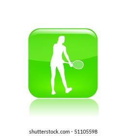 Vector illustration of a green icon isolated in a modern style with a reflection effect depicting a tennis player in action