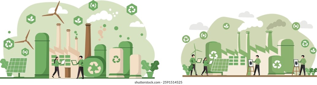 Vector illustration of green industry and sustainable factory. Eco-friendly production and renewable energy sources
