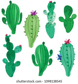 Vector illustration of green ink desert cactus set with flowers