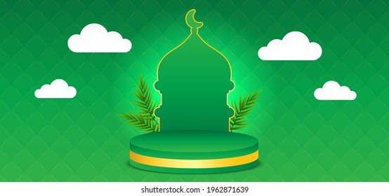 Ilustración vectorial fondo islámico verde con podio vectorial 3D, naturaleza y nube blanca