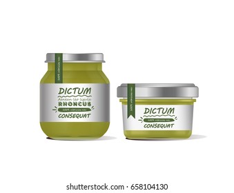Vector illustration green jar for baby food realistic bank on white background. Organic baby food puree. Mock up with template design label.