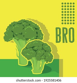 Ilustración vectorial del brócoli jugoso verde sobre un fondo amarillo elegante con la inscripción "Bro"