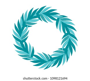 Vector illustration with green jungle leaves wreath. Floral illustration for invitation, wedding card. Floral card with wreath from flowers. Design template greeting card with flowers in circle frame