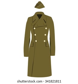 Vector Illustration Green Khaki Military Army Winter, Autumn Coat Or Trench Coat. Double Breasted Coat. Military Forage Cap. Aviation Uniform Cap