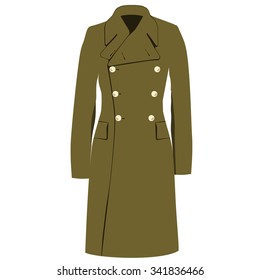 Vector Illustration Green Khaki Military Army Winter, Autumn Coat Or Trench Coat. Double Breasted Coat. 