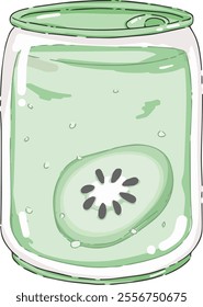 vector illustration of green kiwi fruit soda can, cute doodle sticker, isolated on transparent background