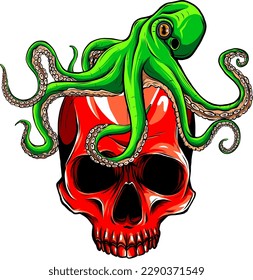 vector illustration of green kraken with red skull on white background. digital draw