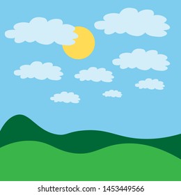 Vector illustration. Green landscape with blue sky sun and clouds. clouds pattern
