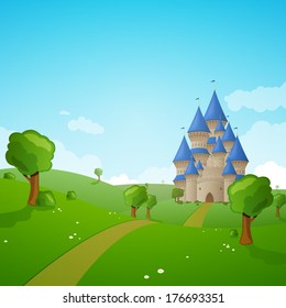 Vector Illustration of a Green Landscape with a Castle