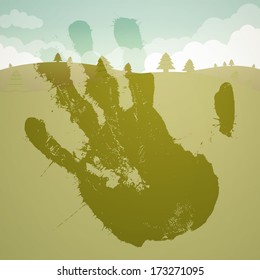 Vector Illustration of a Green Landscape with Hand Print