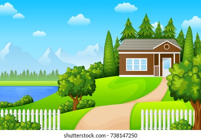 Vector Illustration Of Green Landscape With House Near The Lake And Mountains