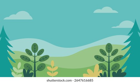 vector illustration of a green landscape with mountains and trees. flat illustration of a tranquil forest scene.