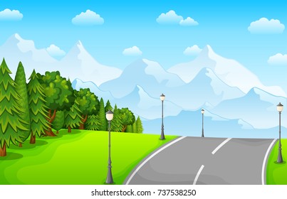 Vector illustration of Green landscape with mountains and road