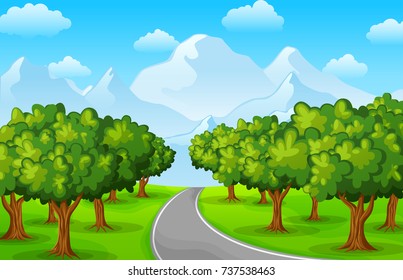 Vector illustration of Green landscape with mountains and trees