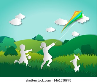 Vector illustration of green landscape in paper art style. Children and dog play with kite in grass.