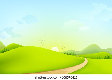 Vector Illustration Of Green Landscape Of Sunny Morning