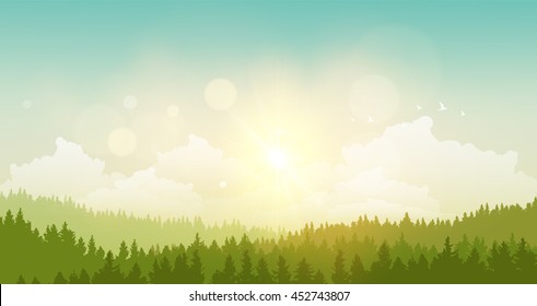 vector illustration of green landscape of sunny morning.

