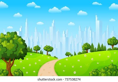 Vector illustration of Green landscape with trees and town buildings