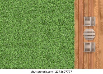 Vector illustration of a green lawn with wooden flooring and garden furniture (table and chairs). Top view of the backyard with lawn