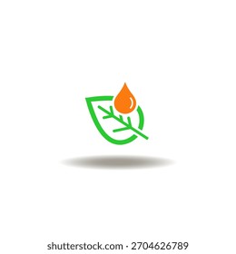 Ilustración vectorial de hoja verde con gota. Símbolo del producto orgánico ecológico ecológico cosmético para el cuidado de la piel. Icono de la terapia de aceite de curación líquida herbal.