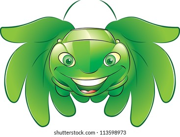 vector illustration of green leaf hands showing environmentally friendly smiling car.