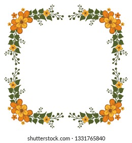 Vector illustration green leaf orange wreath frame for cards hand drawn