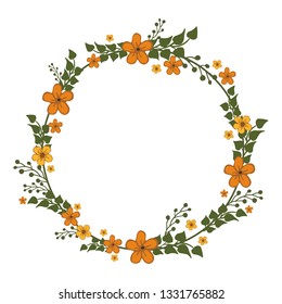 Vector illustration green leaf orange wreath frame for cards hand drawn