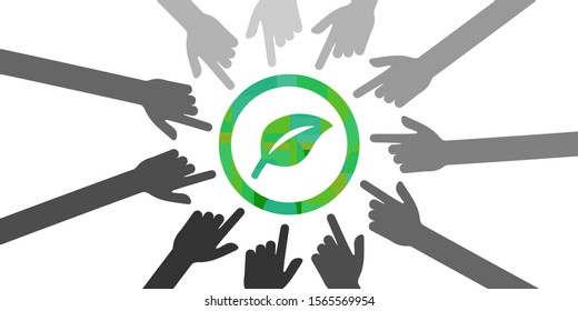 vector illustration of green leaf and pointing hands around it 