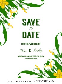 Vector illustration green leafy floral frame with text save the date hand drawn