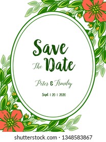 Vector illustration green leafy flower frame blooms with wedding invitation card save the date hand drawn