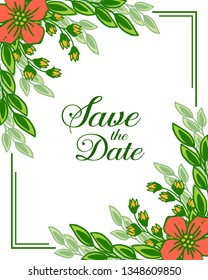 Vector illustration green leafy flower frame blooms with wedding invitation card save the date hand drawn