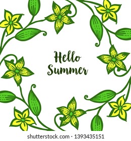 Vector illustration green leafy flower frame with lettering hello summer hand drawn