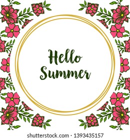 Vector illustration green leafy flower frame with lettering hello summer hand drawn