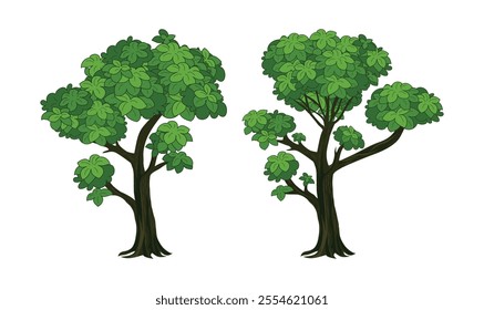 Vector illustration of green leafy trees with detailed branches - ideal for nature, landscape, cartoon background, and environmental design projects